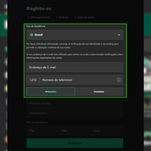 Insira os dados pessoais no Bet365